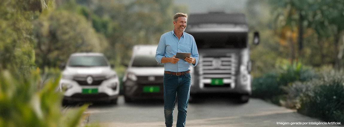 FOTO DE HOMEM DE CABELOS GRISALHOS SEGURANDO UMA PRANCHETA EM UM FUNDO COM UMA FROTA DE CAMINHÕES E CARROS FOTO DE HOMEM DE CABELOS GRISALHOS SEGURANDO UMA PRANCHETA EM UM FUNDO COM UMA FROTA DE CAMINHÕES E CARROS