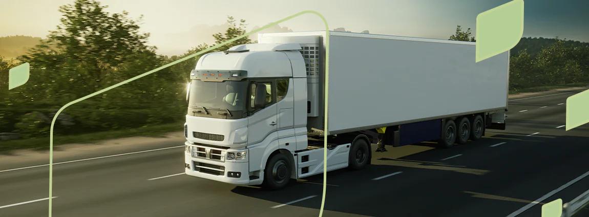 Imagem de um caminhão branco refrigerado com fundo de uma estrada. Imagem de um caminhão branco refrigerado com fundo de uma estrada.