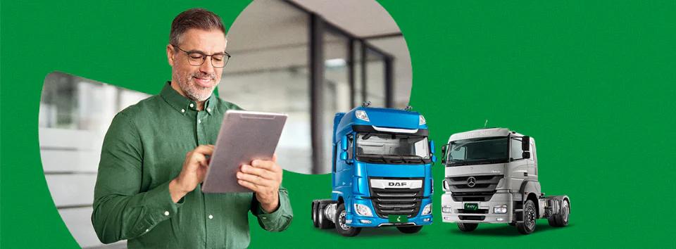 Homem com camisa verde segurando um tablet, com o rosto propositalmente desfocado. Ao fundo, aparecem duas cabines de caminhões: uma azul da marca DAF à esquerda e uma prata da marca Mercedes-Benz à direita. O cenário possui um fundo verde com elementos circulares que destacam visualmente tanto a pessoa quanto os caminhões. Homem com camisa verde segurando um tablet, com o rosto propositalmente desfocado. Ao fundo, aparecem duas cabines de caminhões: uma azul da marca DAF à esquerda e uma prata da marca Mercedes-Benz à direita. O cenário possui um fundo verde com elementos circulares que destacam visualmente tanto a pessoa quanto os caminhões.