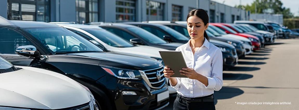 Imagem de uma mulher de de negócios em um pátio  com uma frota de carros. Imagem de uma mulher de de negócios em um pátio  com uma frota de carros.